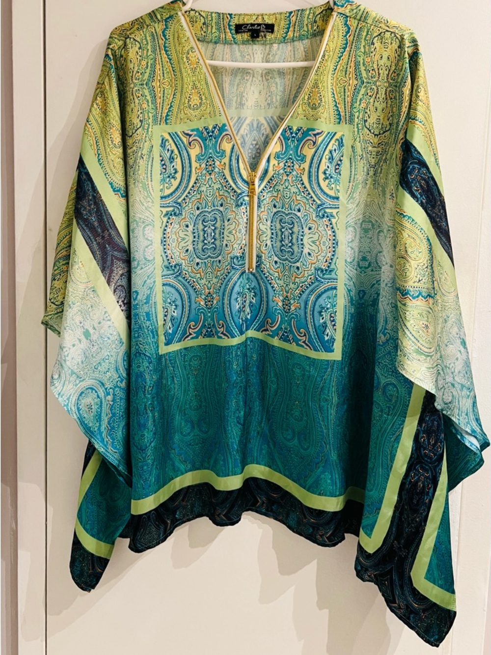 CHARLIE B Teal & Lime Paisley Zip-Front Chiffon Tunic